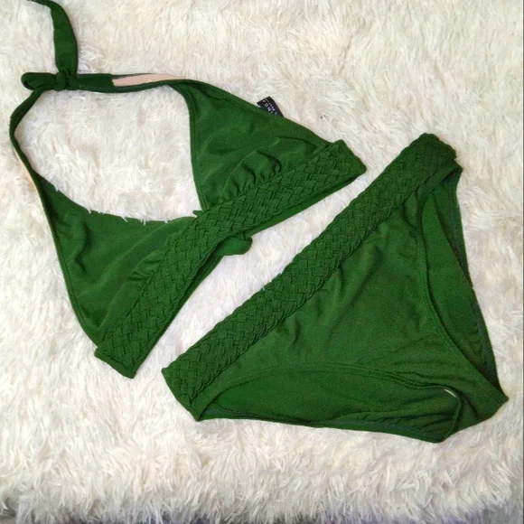 La Blanca Woven Braided Halter Green Swimwear Set - Picture 1 of 11